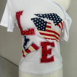 Love American Flag Half Off-Shoulder Asymmetrical Tee Basic