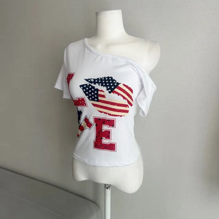 Love American Flag Half Off-Shoulder Asymmetrical Tee Basic