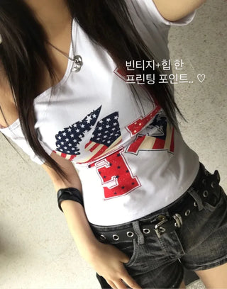 Love American Flag Half Off-Shoulder Asymmetrical Tee Basic