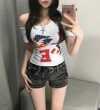 Love American Flag Half Off-Shoulder Asymmetrical Tee Basic