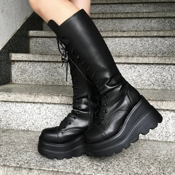 Funky Platform Lace-up Long Boots Workers Biker Shoes