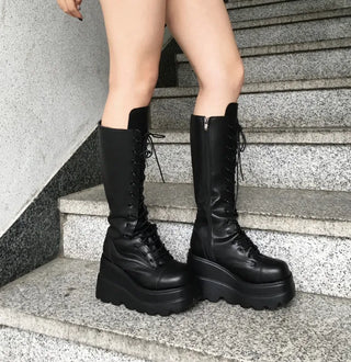 Funky Platform Lace-up Long Boots Workers Biker Shoes