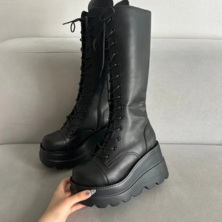 Funky Platform Lace-up Long Boots Workers Biker Shoes