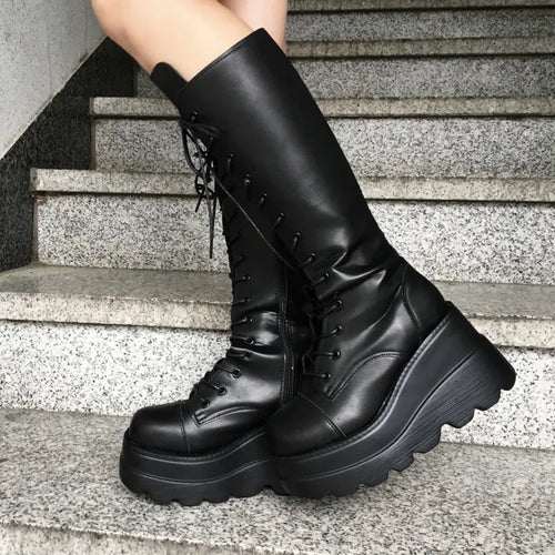 Funky Platform Lace-up Long Boots Workers Biker Shoes