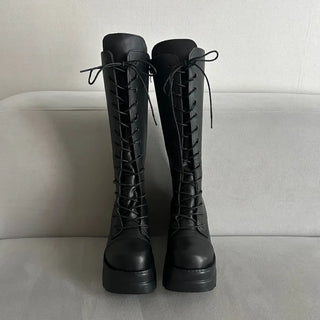Funky Platform Lace-up Long Boots Workers Biker Shoes