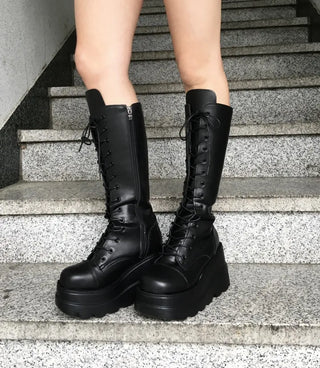Funky Platform Lace-up Long Boots Workers Biker Shoes