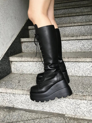 Funky Platform Lace-up Long Boots Workers Biker Shoes
