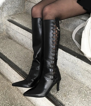 Diamond Punching Stiletto Long Boots Lightweight Pointed Toe