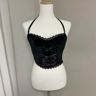Velvet Corset Halter Neck Crop Top Sleeveless Eyelet