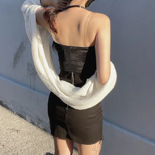 Velvet Corset Halter Neck Crop Top Sleeveless Eyelet
