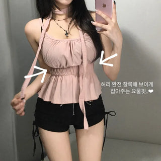 Scarf Smoke Shirred Flare Sleeveless Blouse Choker Summer