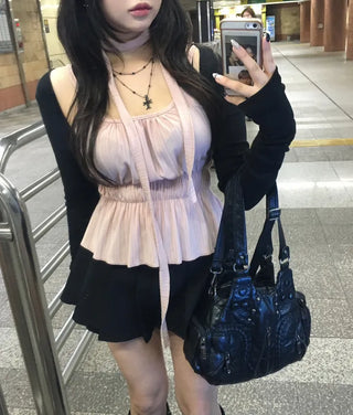Scarf Smoke Shirred Flare Sleeveless Blouse Choker Summer