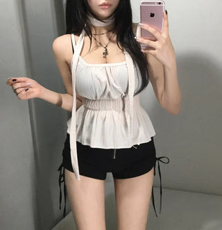 Scarf Smoke Shirred Flare Sleeveless Blouse Choker Summer