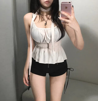 Scarf Smoke Shirred Flare Sleeveless Blouse Choker Summer