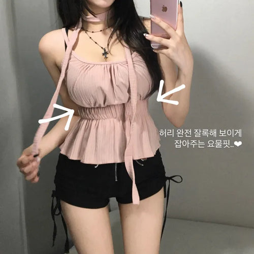 Scarf Smoke Shirred Flare Sleeveless Blouse Choker Summer