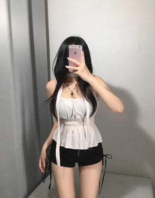 Scarf Smoke Shirred Flare Sleeveless Blouse Choker Summer