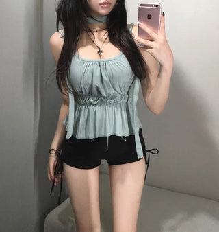 Scarf Smoke Shirred Flare Sleeveless Blouse Choker Summer
