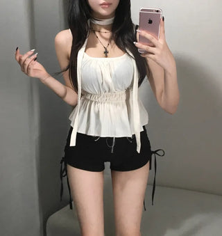 Scarf Smoke Shirred Flare Sleeveless Blouse Choker Summer