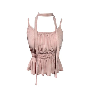 Scarf Smoke Shirred Flare Sleeveless Blouse Choker Summer