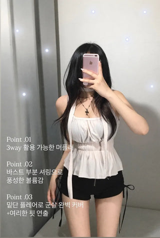Scarf Smoke Shirred Flare Sleeveless Blouse Choker Summer