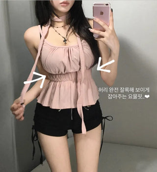 Scarf Smoke Shirred Flare Sleeveless Blouse Choker Summer