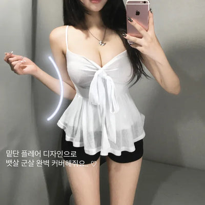Sweet Ribbon Flare Sleeveless Cardigan Set See-through Date