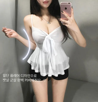 Sweet Ribbon Flare Sleeveless Cardigan Set See-through Date
