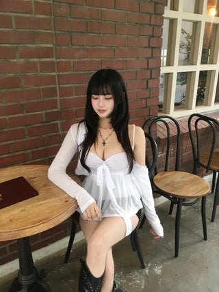 Sweet Ribbon Flare Sleeveless Cardigan Set See-through Date