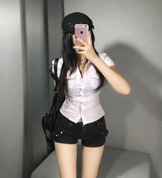 Pocket Back Elastic Slim Fit Short Sleeve Shirt