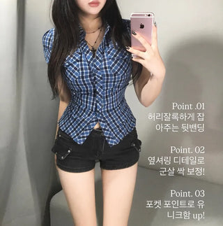 Pocket Back Elastic Slim Fit Short Sleeve Shirt