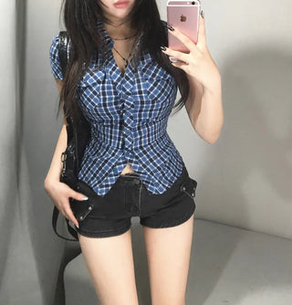 Pocket Back Elastic Slim Fit Short Sleeve Shirt