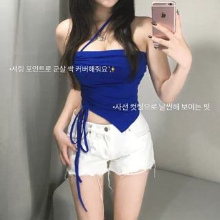 String V-cut Tube Top Shirred Rolled Cut-off Asymmetrical