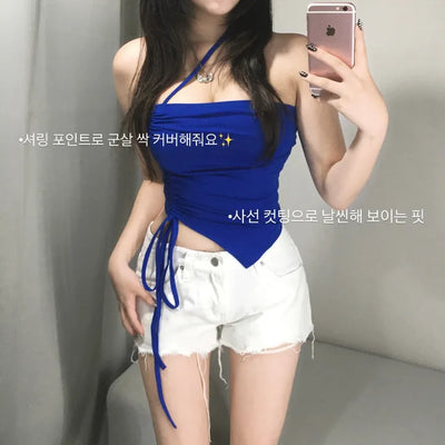 String V-cut Tube Top Shirred Rolled Cut-off Asymmetrical