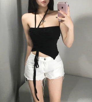 String V-cut Tube Top Shirred Rolled Cut-off Asymmetrical