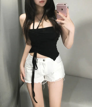 String V-cut Tube Top Shirred Rolled Cut-off Asymmetrical