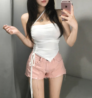 String V-cut Tube Top Shirred Rolled Cut-off Asymmetrical