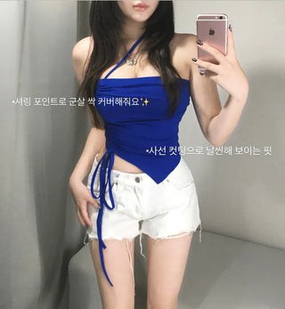 String V-cut Tube Top Shirred Rolled Cut-off Asymmetrical