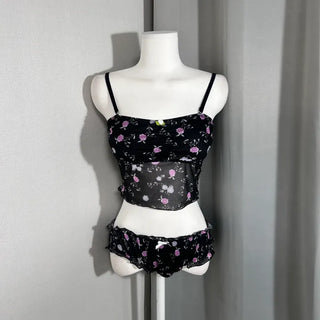 Rosé Black Flower See-through Sleeveless Top Swimsuit Bikini