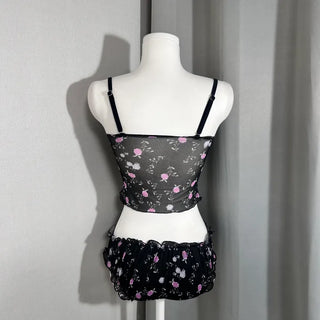 Rosé Black Flower See-through Sleeveless Top Swimsuit Bikini