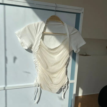 Chiffon Shirred Strap Bolero Short Sleeve T-shirt