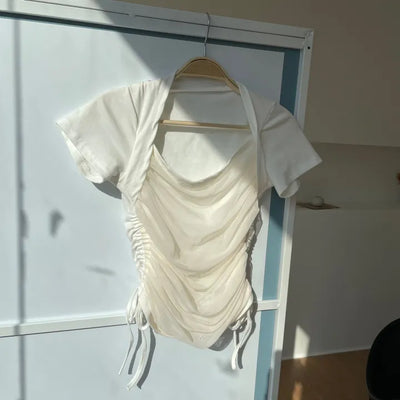 Chiffon Shirred Strap Bolero Short Sleeve T-shirt
