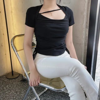Chiffon Shirred Strap Bolero Short Sleeve T-shirt