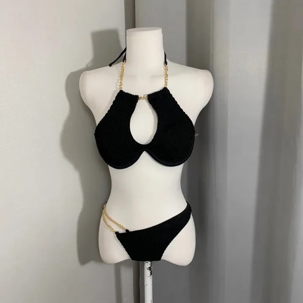 Two-line Chain Asymmetrical Bikini Swimwear Beachwear Hotel Stay