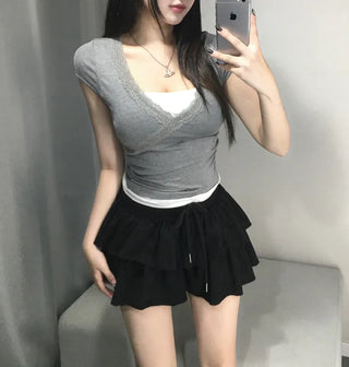Flower Punching Ribbon Flare Blouse Off-shoulder Sleeveless Delicate