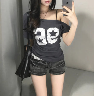 Wrap Lace Layered Short Sleeve T-shirt Gray Tee