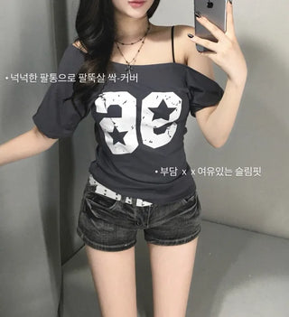 Wrap Lace Layered Short Sleeve T-shirt Gray Tee