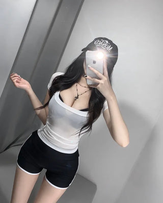 Cap Sleeve V-Neck Shirred Short Tee T-Shirred Arm
