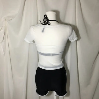 Cap Sleeve V-Neck Shirred Short Tee T-Shirred Arm