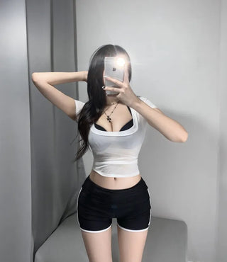 Cap Sleeve V-Neck Shirred Short Tee T-Shirred Arm