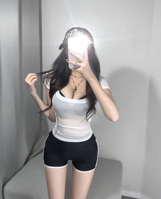 Cap Sleeve V-Neck Shirred Short Tee T-Shirred Arm